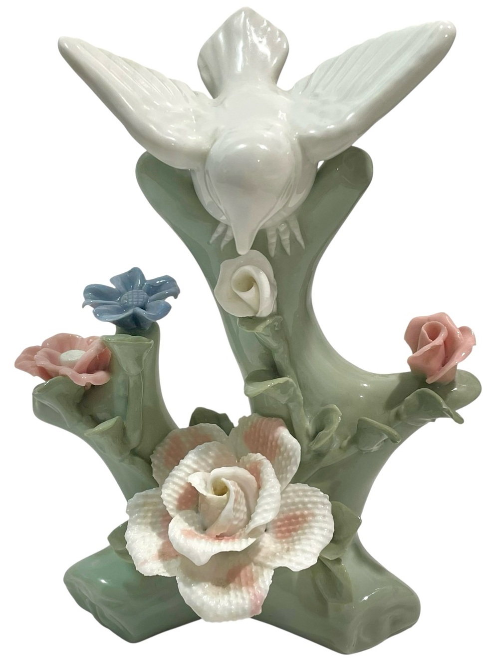 Vintage 1960s Porcelain White Dove On a Branch with Applied Flowers Figurine